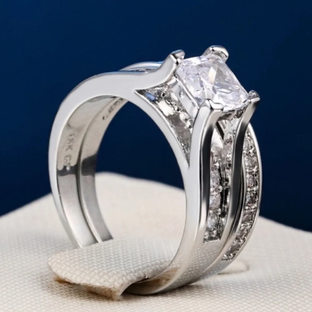 💯 NEW 2PC/SET 925 STERLING SILVER DIAMOND RING, CUTE RING, SHINY RING. - Picture 7 of 7